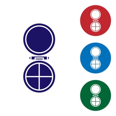 Beyaz zemin üzerinde ayna simgesi olan mavi makyaj tozu. Renk simgelerini daire düğmelerine ayır. Vektör İllüstrasyonu