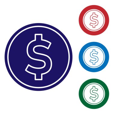 Beyaz zemin üzerinde dolar sembolü olan mavi sikke parası. Bankacılık işareti. Para sembolü. Renk simgelerini daire düğmelerine ayır. Vektör İllüstrasyonu
