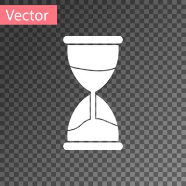 Saydam arka plan üzerinde izole akan kum simgesi olan beyaz eski kum saati. Kum saati işareti. İş ve zaman yönetimi kavramı. Vektör çizim