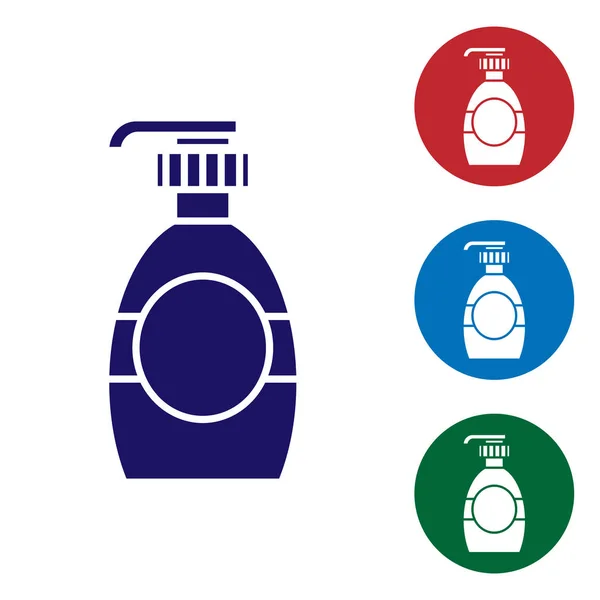 Botol Biru sabun antibakteri cair dengan ikon dispenser diisolasi pada latar belakang putih. Disinfeksi, kebersihan, konsep perawatan kulit. Atur ikon warna dalam tombol lingkaran. Ilustrasi Vektor - Stok Vektor