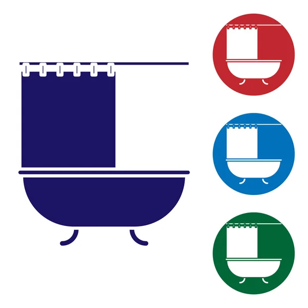 Modrá vana s otevřenou sprchovým závěsem ikona izolované na bílém pozadí. Nastavit barevné ikony v kruhových tlačítcích. Vektorová ilustrace — Stockový vektor
