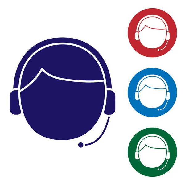 Blue Man met een headset icoon geïsoleerd op witte achtergrond. Ondersteuning operator in contact. Concept voor call center, klantenservice. Zet kleurpictogrammen in cirkelknoppen. Vector Illustratie — Stockvector