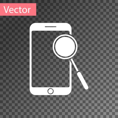 Beyaz Cep telefonu tanılama simgesi şeffaf arkaplanda izole edildi. Uygulama, servis, ayar seçenekleri, bakım, onarım, onarım. Vektör İllüstrasyonu