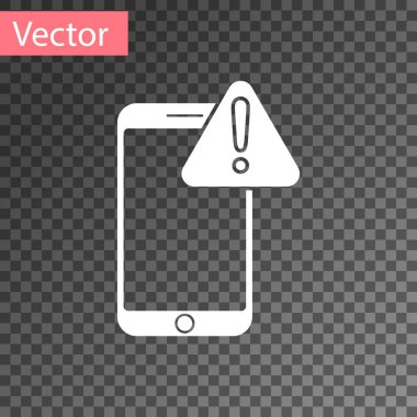 Şeffaf arkaplanda ünlem işareti simgesi olan beyaz cep telefonu. Uyarı mesajı akıllı telefon uyarısı. Vektör İllüstrasyonu