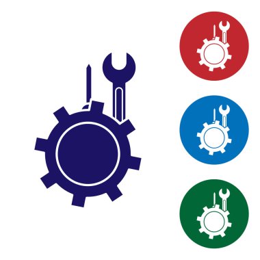 Mavi İngiliz anahtarı ve vites simgesi içindeki tornavida beyaz arkaplanda izole edilmiş. Ayarlama, servis, ayar, bakım, onarım, onarım. Renk simgelerini daire düğmelerine ayır. Vektör İllüstrasyonu