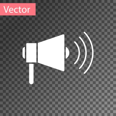 Şeffaf arkaplanda beyaz megafon simgesi izole edildi. Yüksek sesle konuşma uyarısı. Ağızlık için megafon, terfi diye bağırıyor. Vektör İllüstrasyonu