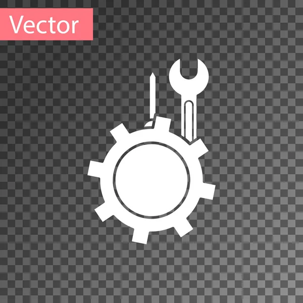 White Wrench and screwdriver in gear icon isolated on transparent background. Adjusting, service, setting, maintenance, repair, fixing. Vector Illustration — Stock Vector