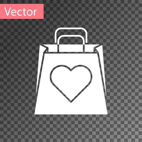 Weiße Einkaufstasche mit Herz-Symbol auf transparentem Hintergrund. Shopping Bag Shop Liebe wie Herz Ikone. Valentinstag-Symbol. Vektorillustration — Stockvektor