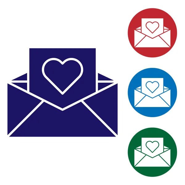 Blue Envelope with Valentine heart icon isolated on white background. Message love. Letter love and romance. Set color icons in circle buttons. Vector Illustration — 스톡 벡터
