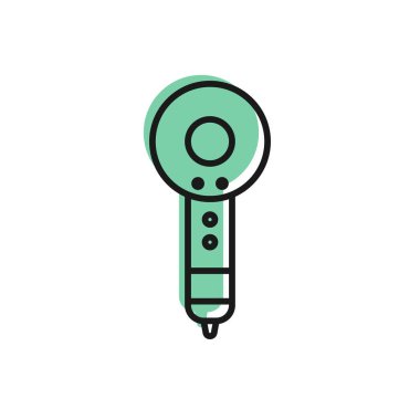 Siyah çizgi saç kurutma ikonu beyaz arkaplanda izole edildi. Saç kurutma makinesi tabelası. Saç kurutma sembolü. Sıcak hava üflüyor. Vektör İllüstrasyonu