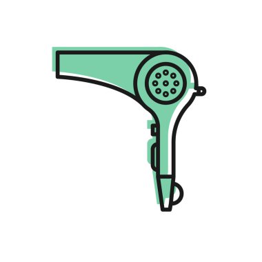 Siyah çizgi saç kurutma ikonu beyaz arkaplanda izole edildi. Saç kurutma makinesi tabelası. Saç kurutma sembolü. Sıcak hava üflüyor. Vektör İllüstrasyonu