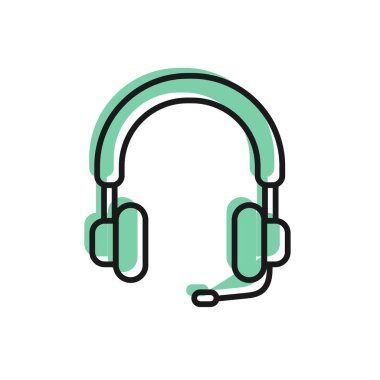 Siyah çizgi kulaklık simgesi beyaz arkaplanda izole edildi. Kulaklıklar. Müzik, hizmet, iletişim ve operatör konsepti. Vektör İllüstrasyonu