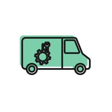 Siyah çizgi araba servis simgesi beyaz arkaplanda izole edildi. Tamirci oto tamircisi. Bakım tabelası. Vektör İllüstrasyonu