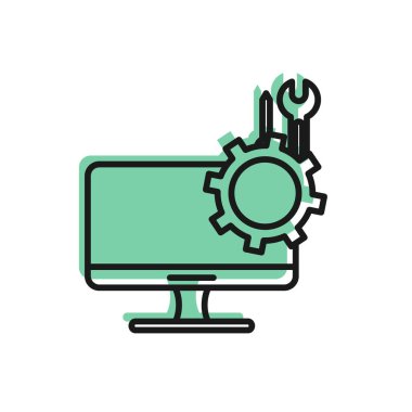 Beyaz arkaplanda siyah çizgi bilgisayar monitörü ve anahtar simgesi izole edildi. Ayarlama, servis, ayar, bakım, onarım. Vektör İllüstrasyonu