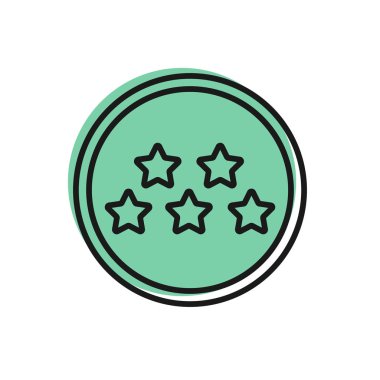 Siyah çizgi Beş yıldızlı müşteri ürün değerlendirme simgesi beyaz arkaplanda izole edildi. Favori, en iyi derecelendirme, ödül sembolü. Vektör İllüstrasyonu