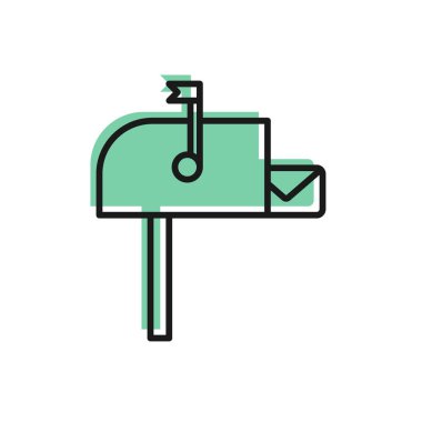 Siyah satır Açık posta kutusu simgesi beyaz arkaplanda izole edildi. Posta kutusu simgesi. Posta kutusunda bayrak var. Vektör İllüstrasyonu