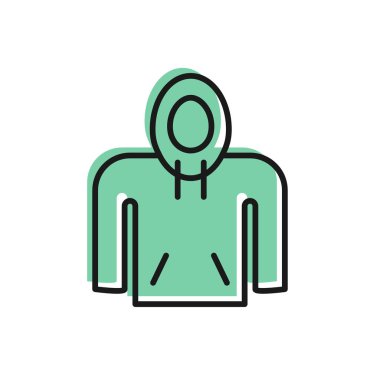 Siyah çizgi kapüşonlu simgesi beyaz arkaplanda izole edildi. Kapüşonlu kazak. Vektör İllüstrasyonu