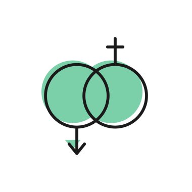 Beyaz arkaplanda siyah çizgi cinsiyet simgesi izole edildi. Erkek ve kadın sembolleri. Seks sembolü. Sevgililer Günü konsepti. Vektör İllüstrasyonu