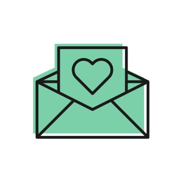 Beyaz arka plan üzerinde izole Valentine kalp simgesi ile Siyah çizgi Zarf. Mesaj aşk. Mektup aşk ve romantizm. Vektör İllüstrasyonu