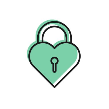 Beyaz arka plan üzerinde izole bir kalp simgesi şeklinde Siyah çizgi Kale. Kilitli Kalp. Aşk sembolü ve anahtar deliği işareti. Vektör İllüstrasyonu