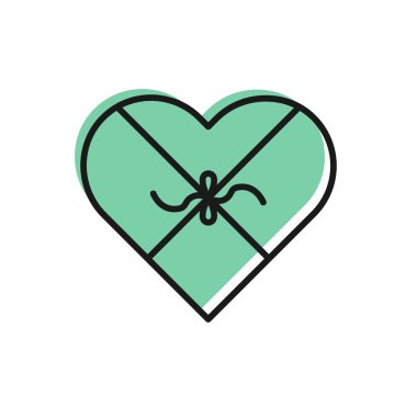 Kalp şeklinde kutu ve yay simgesi beyaz arka plan üzerinde izole siyah çizgi Şeker. Sevgililer Günü. Vektör İllüstrasyonu