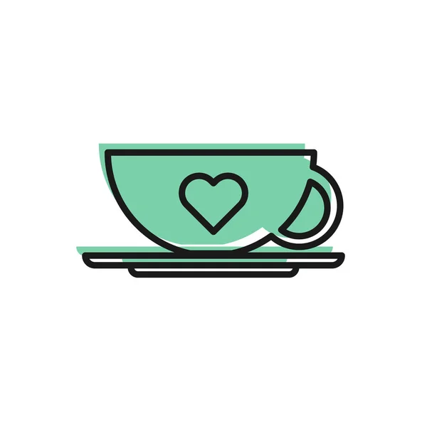 Schwarze Linie Kaffeetasse und Herz-Symbol isoliert auf weißem Hintergrund. Paarkaffee für Verliebte am Valentinstag. Vektorillustration — Stockvektor