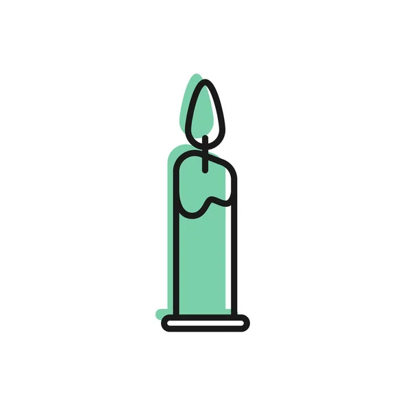 Línea negra Vela ardiente en el icono del candelabro aislada sobre fondo blanco. Vara cilíndrica con llama ardiente. Ilustración vectorial — Archivo Imágenes Vectoriales