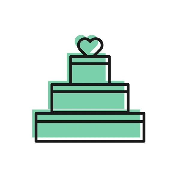 Czarna linia tort weselny z ikoną serca izolowane na białym tle. Symbolem Walentynek. Ilustracja wektora — Wektor stockowy