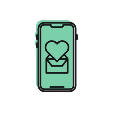 Beyaz arka planda kalp ikonu olan siyah hat cep telefonu. Sevgililer Günü. Vektör İllüstrasyonu