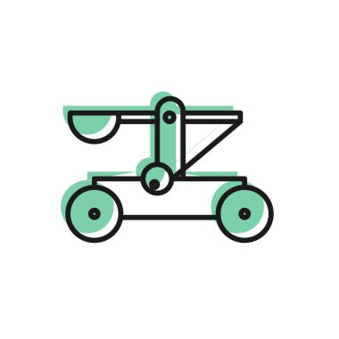 Siyah çizgi Eski ortaçağ ahşap mancınık atış taşları simgesi beyaz arka planda izole. Vektör İllüstrasyonu