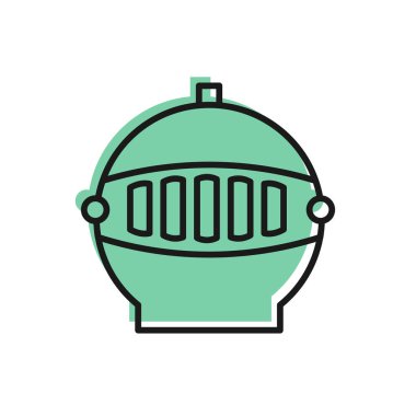 Beyaz arka planda izole edilmiş siyah çizgi Ortaçağ demir miğferi. Vektör İllüstrasyonu