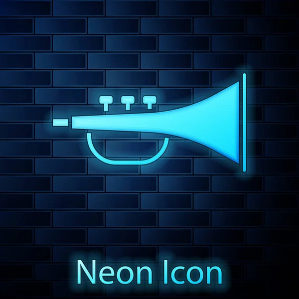 Glowing neon Musical instrument trumpet icon isolated on brick wall background. Vector Illustration — Stock Vector