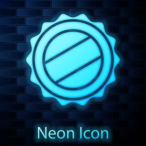 Leuchtende Neon-Kronkorken-Symbol isoliert auf Backsteinwand Hintergrund. Vektorillustration — Stockvektor