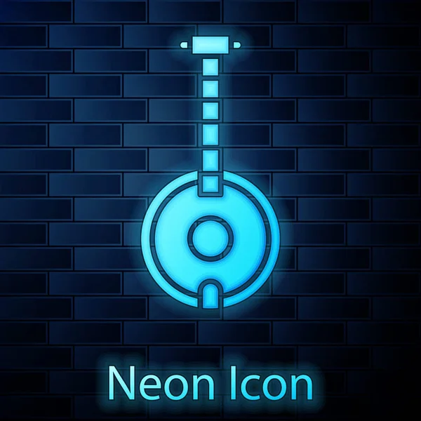 Ragyogó neon bendzsó ikon elszigetelt téglafal háttér. Hangszer. Vektorillusztráció — Stock Vector