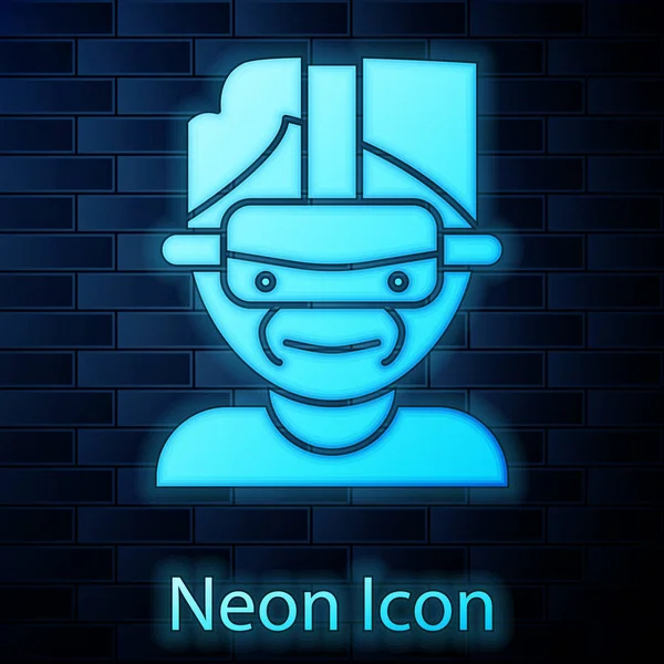 Glödande neon Virtual reality glasögon ikon isolerad på tegel vägg bakgrund. Stereoskopisk 3d vr mask. Vektor Illustration — Stock vektor