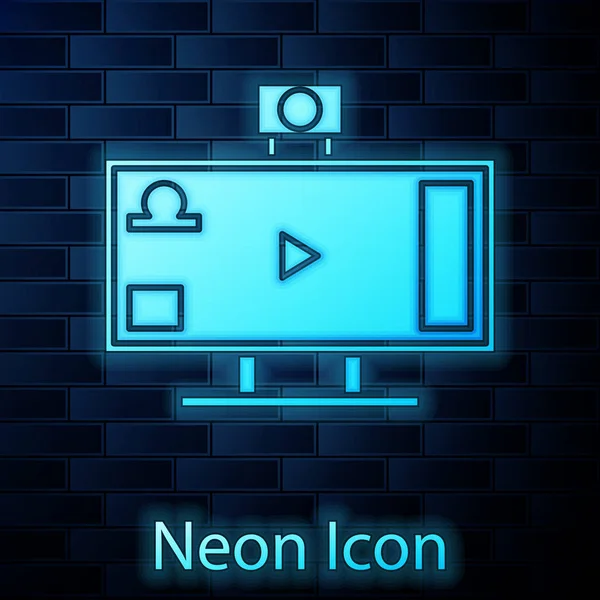 Glowing neon Live streaming online videogame play icon isolated on brick wall background. Vector Illustration — Stock Vector