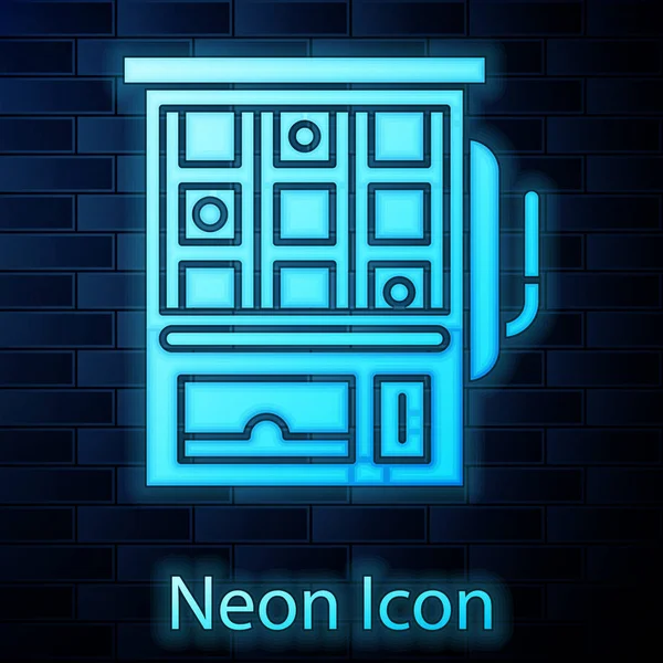 Neon incandescente Slot icona della macchina isolato su sfondo muro di mattoni. Illustrazione vettoriale — Vettoriale Stock