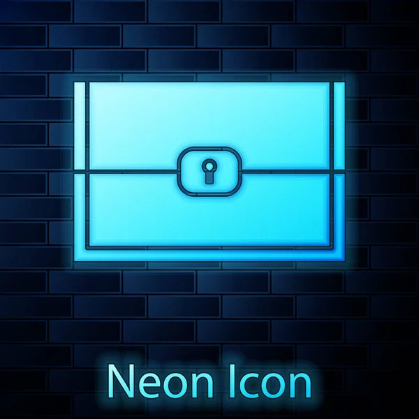 Glödande neon Chest för spel ikon isolerad på tegel vägg bakgrund. Vektor Illustration — Stock vektor