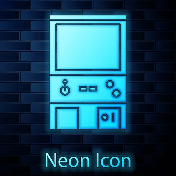 Leuchtende Neon Retro-Arcade-Spielautomat-Symbol isoliert auf Backstein-Wand-Hintergrund. Vektorillustration — Stockvektor