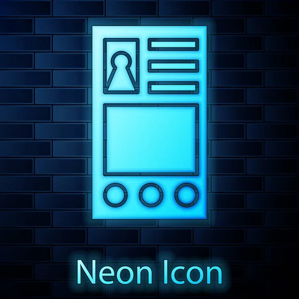 Glödande neon Skapa konto skärm ikon isolerad på tegel vägg bakgrund. Vektor Illustration — Stock vektor