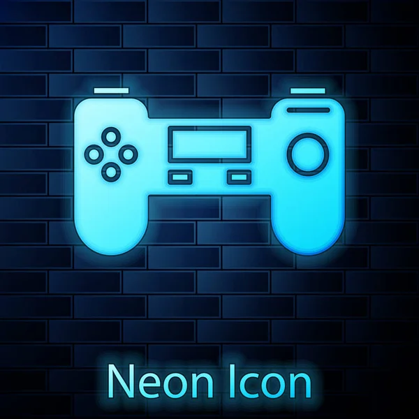 Ragyogó neon Gamepad ikon elszigetelt téglafal háttér. Játékvezérlő. Vektorillusztráció — Stock Vector