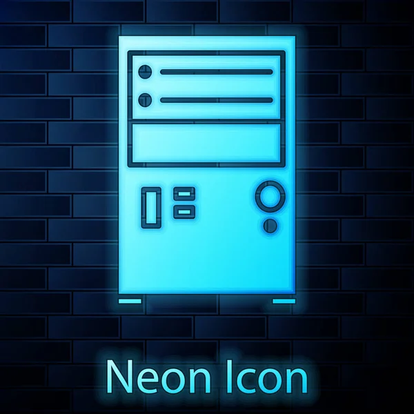 Leuchtende Neon-Computer-Ikone isoliert auf Backsteinwand Hintergrund. PC-Komponenten-Zeichen. Vektorillustration — Stockvektor