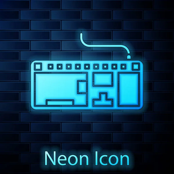 Glowing neon Computer keyboard icon isolated on brick wall background. PC component sign. Vector Illustration — ストックベクタ