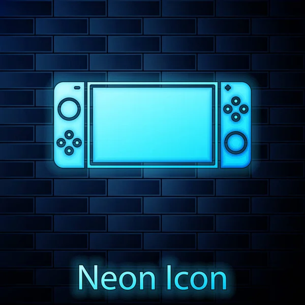 Gloeiende neon Draagbare video game console pictogram geïsoleerd op baksteen muur achtergrond. Gamepad bord. Gokconcept. Vector Illustratie — Stockvector