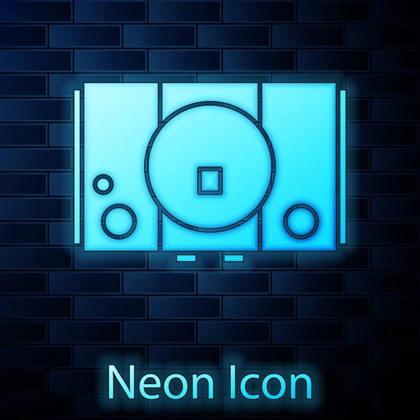 Icono de consola de videojuegos de neón brillante aislado en el fondo de la pared de ladrillo. Ilustración vectorial — Vector de stock