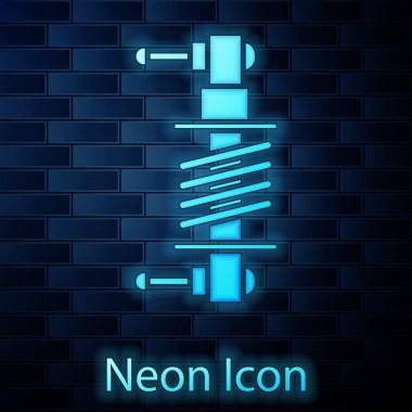 Parlayan neon şok emici simgesi tuğla duvar arka planında izole edildi. Vektör İllüstrasyonu