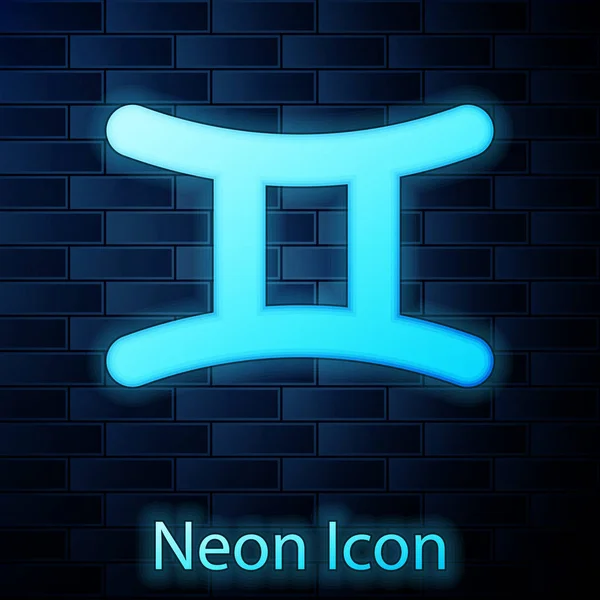 Brilhante neon Gêmeos signo do zodíaco ícone isolado no fundo da parede de tijolo. Coleção de horóscopo astrológico. Ilustração vetorial — Vetor de Stock