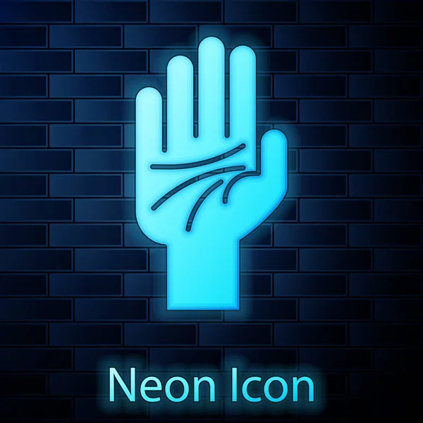 Glowing neon Palmistry of the hand icon isolated on brick wall background. Vector Illustration — 스톡 벡터