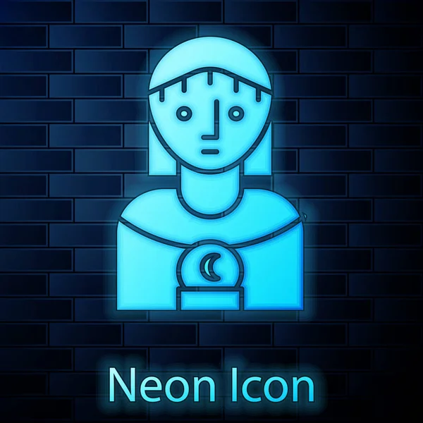 Brilhante neon Astrologia mulher ícone isolado no fundo da parede de tijolo. Ilustração vetorial —  Vetores de Stock