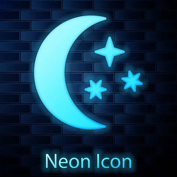 Svítící neonové ikony měsíce a hvězd izolované na pozadí cihlové zdi. Vektorová ilustrace — Stockový vektor
